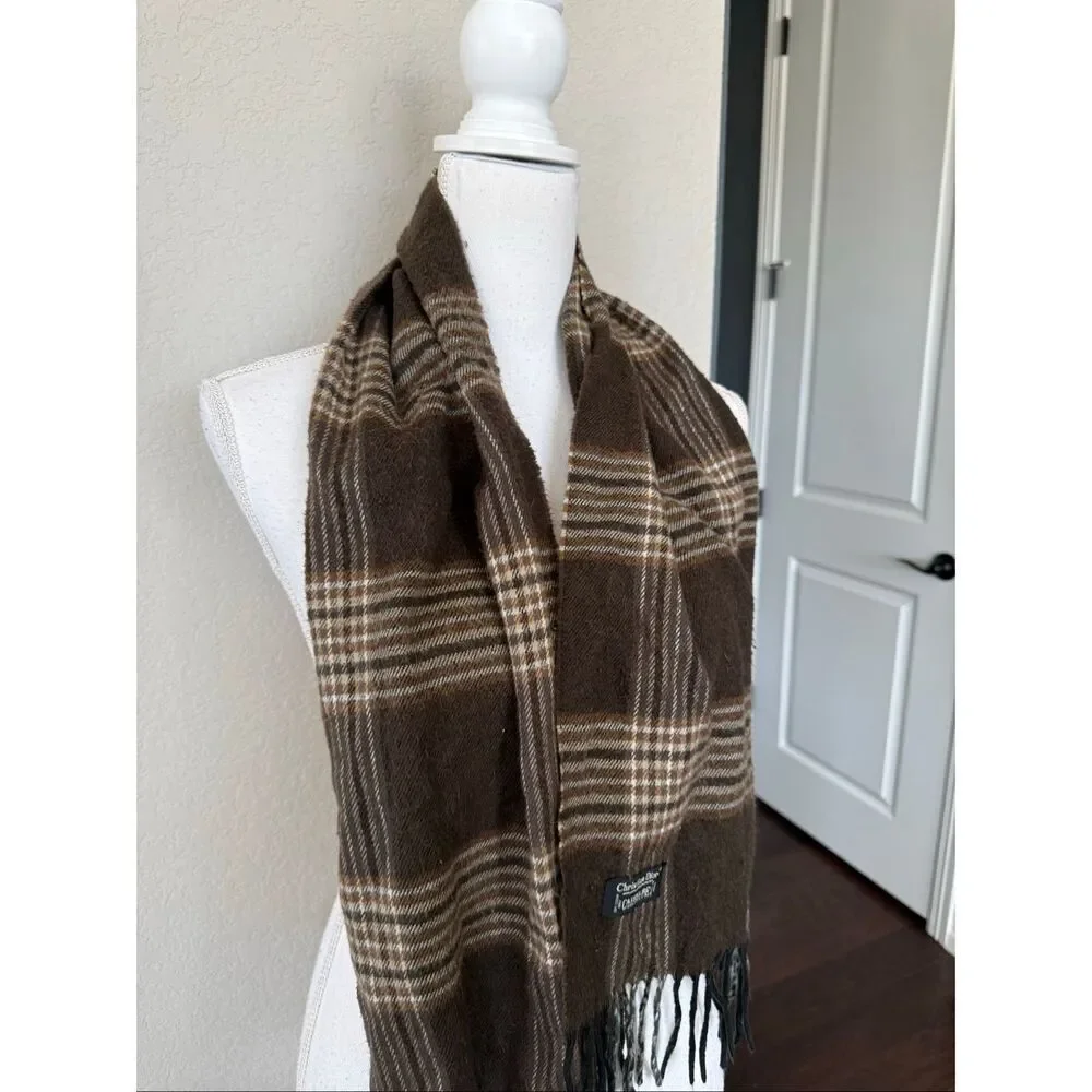 Christian Dior Cashmaire Brown Plaid Fringe Scarf